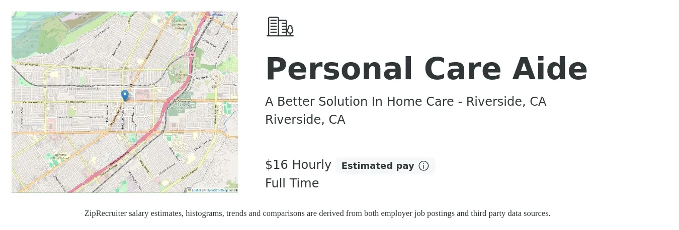 A Better Solution In Home Care - Riverside, CA job posting for a Personal Care Aide in Riverside, CA with a salary of $17 Hourly with a map of Riverside location.