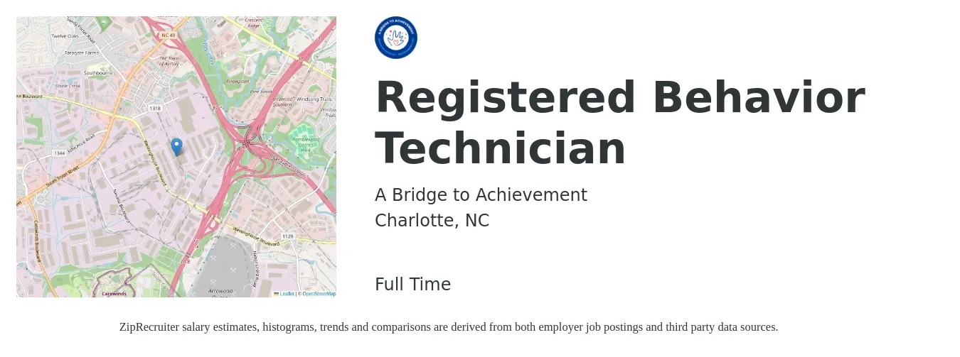 A Bridge to Achievement job posting for a Registered Behavior Technician in Charlotte, NC with a salary of $20 to $25 Hourly with a map of Charlotte location.
