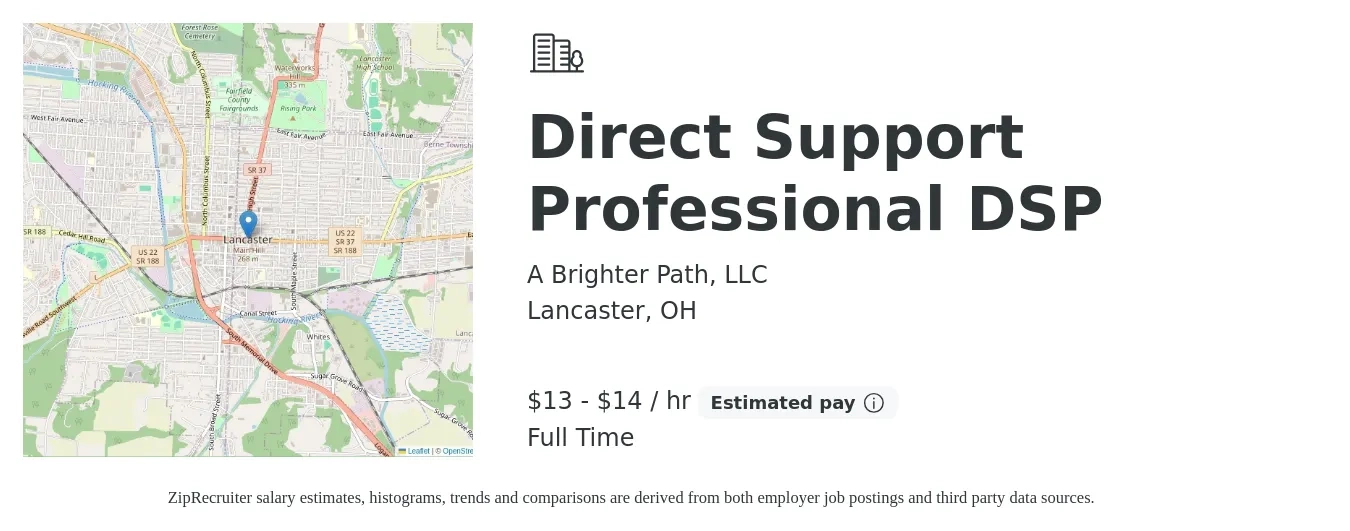 A Brighter Path, LLC job posting for a Direct Support Professional DSP in Lancaster, OH with a salary of $14 to $16 Hourly with a map of Lancaster location.