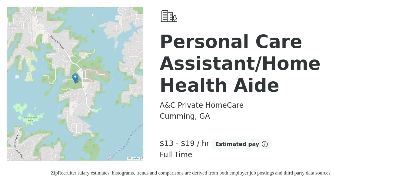 A&C Private HomeCare job posting for a Personal Care Assistant/Home Health Aide in Cumming, GA with a salary of $14 to $20 Hourly with a map of Cumming location.