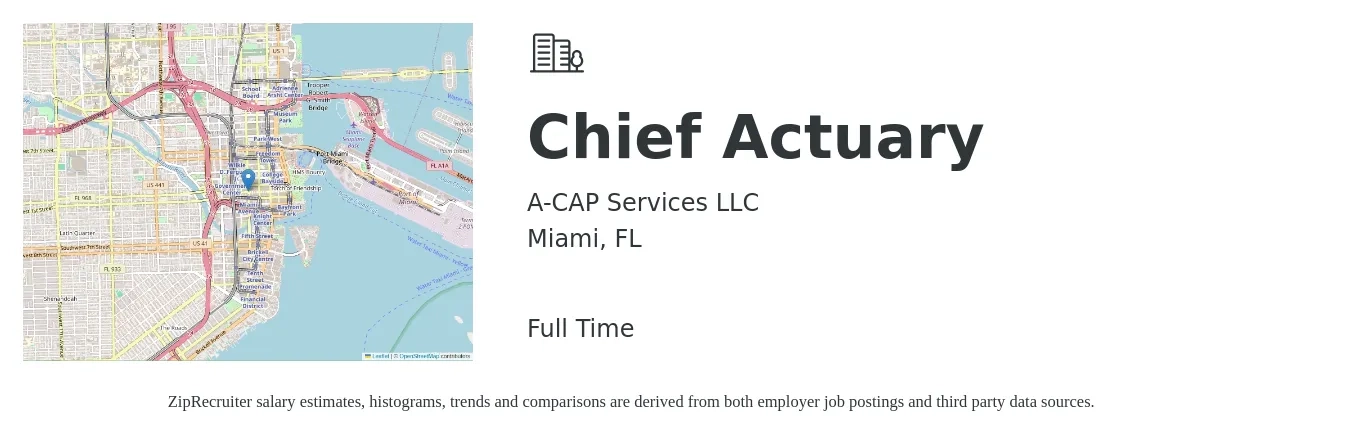 A-CAP Services LLC job posting for a Chief Actuary in Miami, FL with a salary of $111,400 to $131,000 Yearly with a map of Miami location.