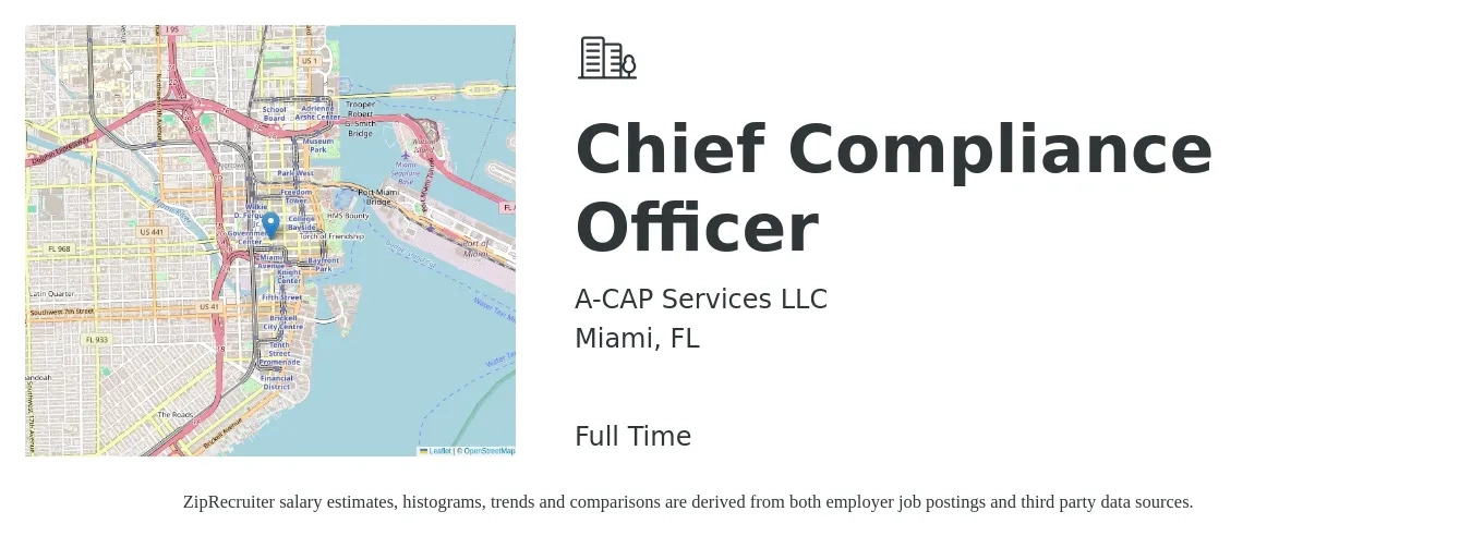 A-CAP Services LLC job posting for a Chief Compliance Officer in Miami, FL with a salary of $58,800 to $110,000 Yearly with a map of Miami location.
