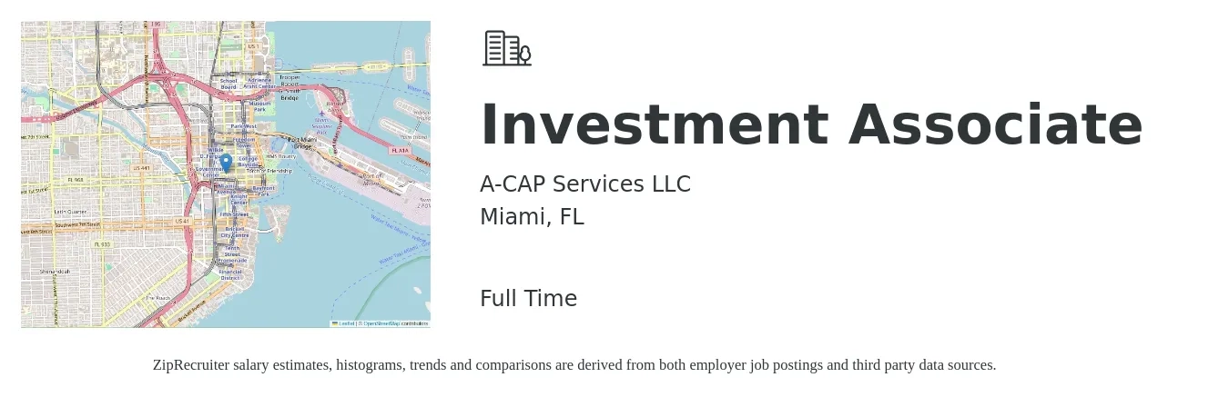 A-CAP Services LLC job posting for a Investment Associate in Miami, FL with a salary of $62,200 to $112,400 Yearly with a map of Miami location.