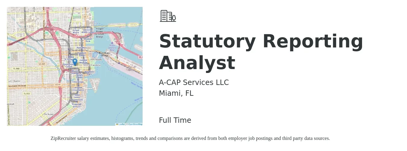 A-CAP Services LLC job posting for a Statutory Reporting Analyst in Miami, FL with a salary of $73,600 to $96,600 Yearly with a map of Miami location.