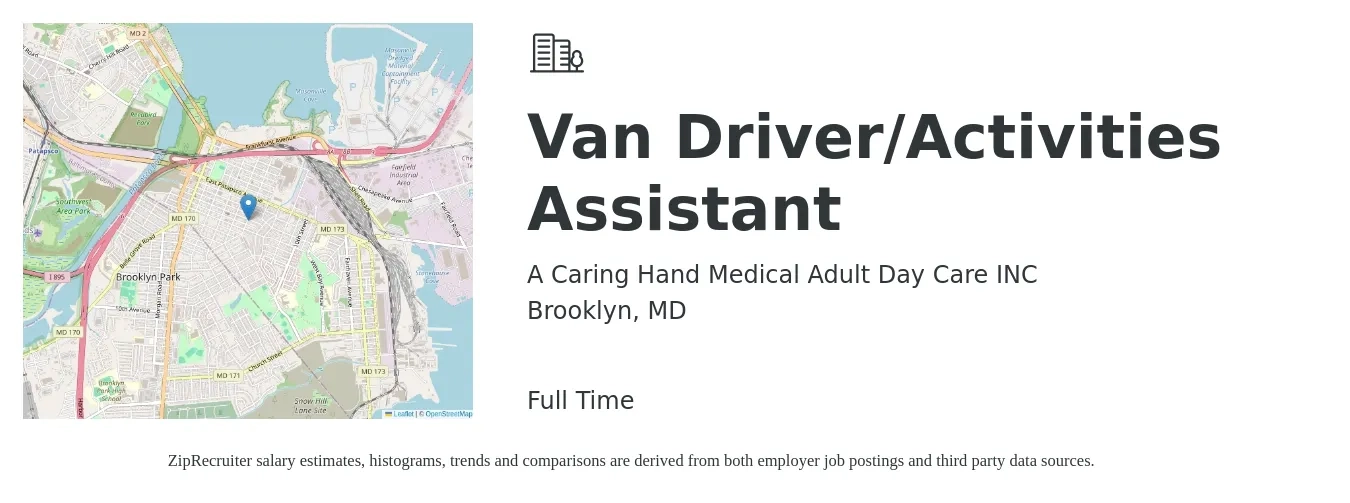 A Caring Hand Medical Adult Day Care INC job posting for a Van Driver/Activities Assistant in Brooklyn, MD with a salary of $14 to $17 Hourly with a map of Brooklyn location.