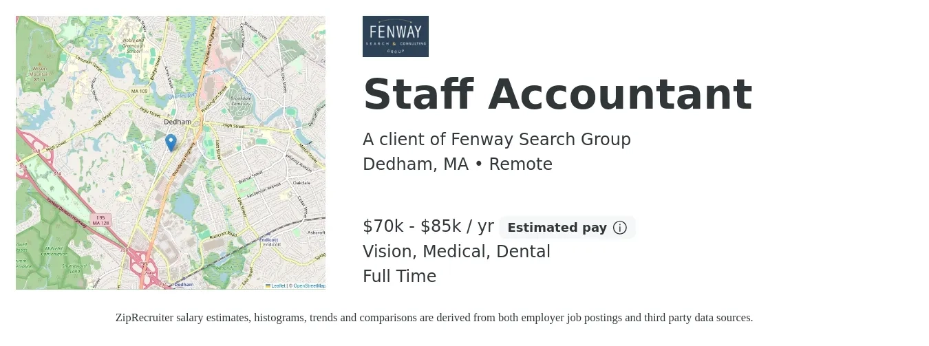 A client of Fenway Search Group job posting for a Staff Accountant in Dedham, MA with a salary of $70,000 to $85,000 Yearly and benefits including medical, pto, retirement, vision, dental, and life_insurance with a map of Dedham location.