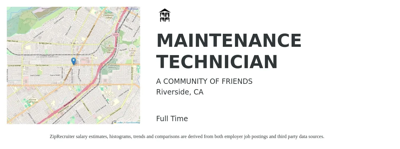 A COMMUNITY OF FRIENDS job posting for a MAINTENANCE TECHNICIAN in Riverside, CA with a salary of $21 to $26 Hourly with a map of Riverside location.