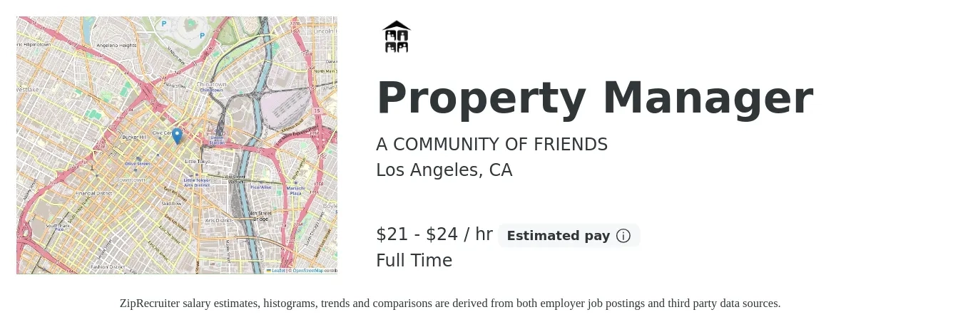 A COMMUNITY OF FRIENDS job posting for a Property Manager in Los Angeles, CA with a salary of $18 to $24 Hourly with a map of Los Angeles location.