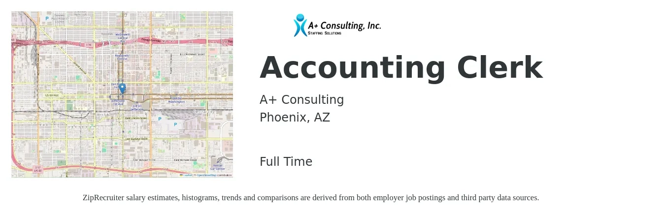 A+ Consulting job posting for a Accounting Clerk in Phoenix, AZ with a salary of $18 to $24 Hourly with a map of Phoenix location.
