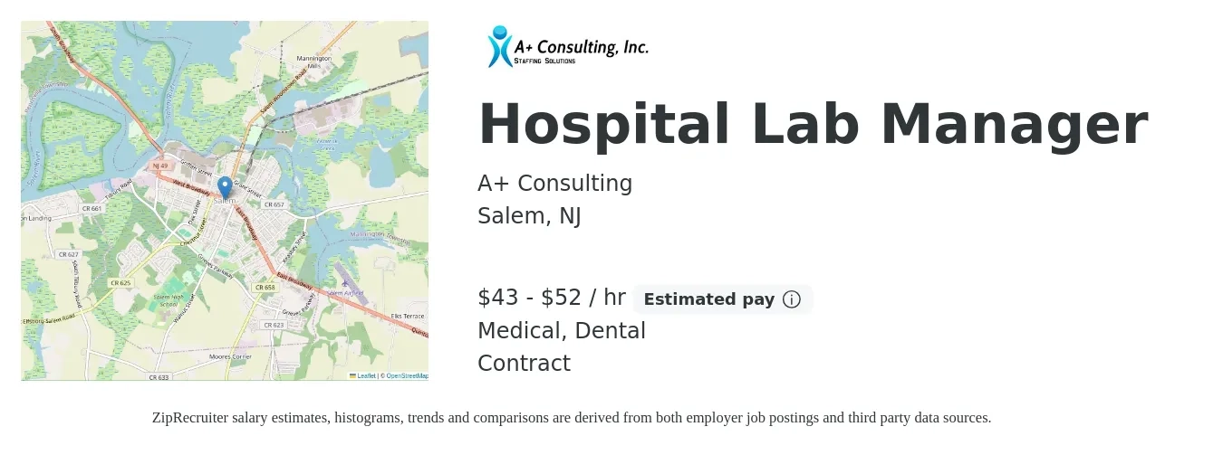 A+ Consulting job posting for a Hospital Lab Manager in Salem, NJ with a salary of $45 to $55 Hourly and benefits including dental, and medical with a map of Salem location.