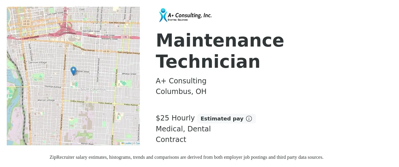 A+ Consulting job posting for a Maintenance Technician in Columbus, OH with a salary of $26 Hourly and benefits including dental, and medical with a map of Columbus location.