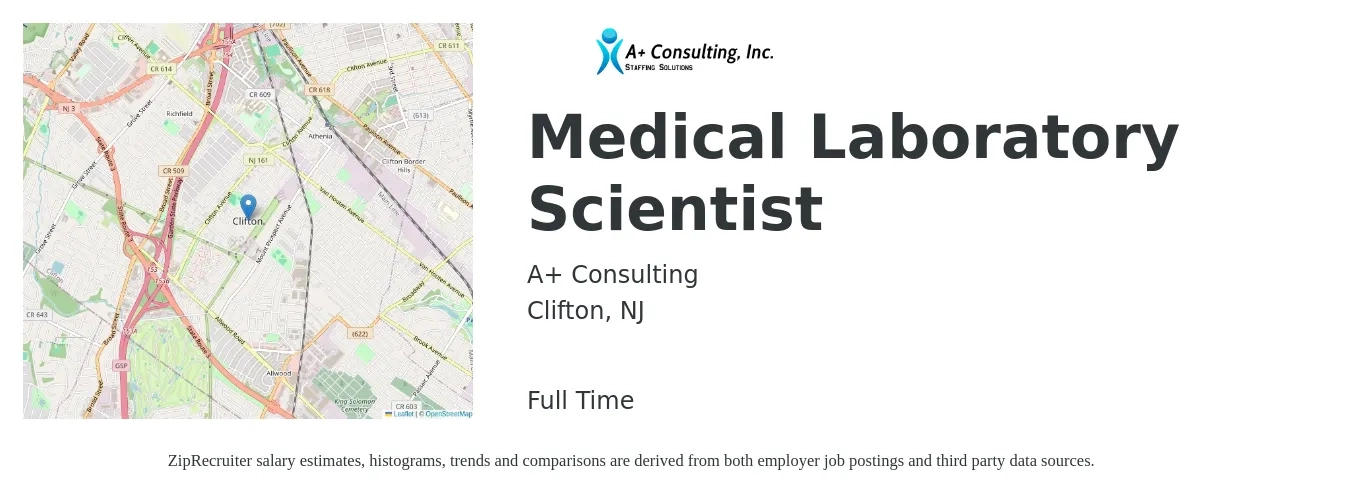 A+ Consulting job posting for a Medical Laboratory Scientist in Clifton, NJ with a salary of $30 to $40 Hourly and benefits including medical, and dental with a map of Clifton location.