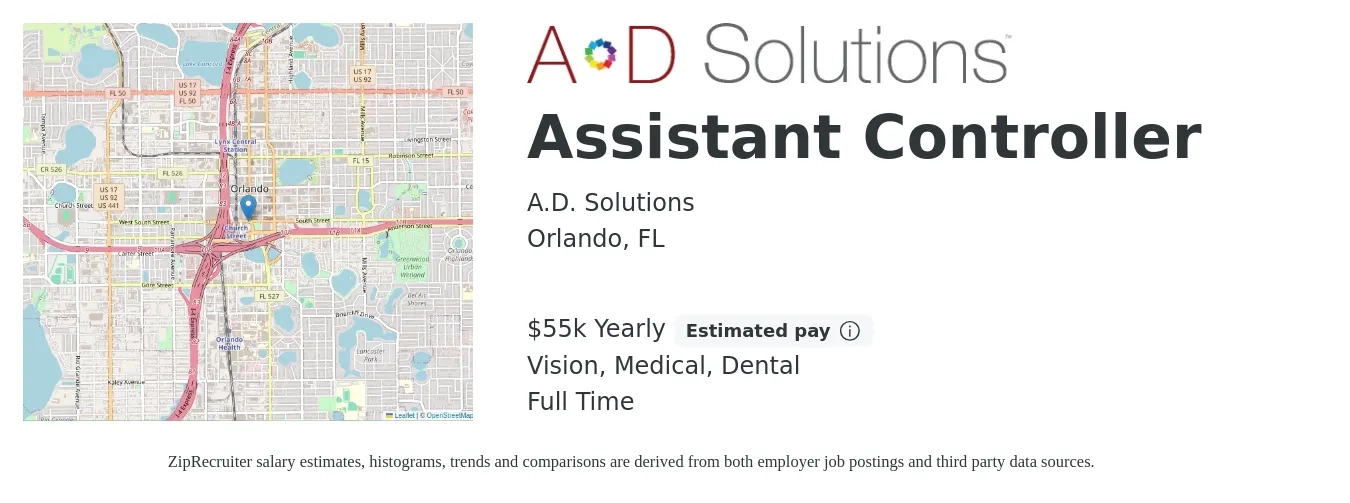 A.D. Solutions job posting for a Assistant Controller in Orlando, FL with a salary of $55,000 Yearly and benefits including retirement, vision, dental, life_insurance, medical, and pto with a map of Orlando location.