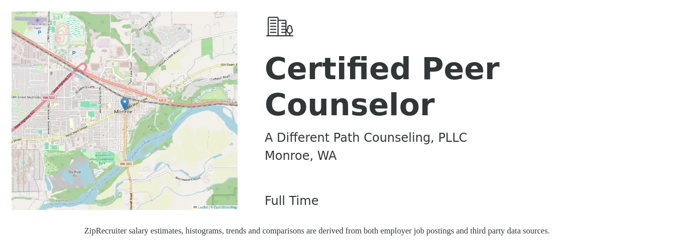 A Different Path Counseling, PLLC job posting for a Certified Peer Counselor in Monroe, WA with a salary of $20 to $25 Hourly with a map of Monroe location.