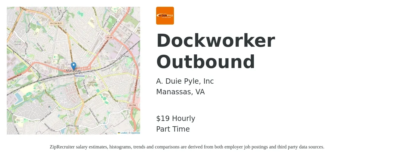 A. Duie Pyle, Inc job posting for a Dockworker Outbound in Manassas, VA with a salary of $21 Hourly with a map of Manassas location.