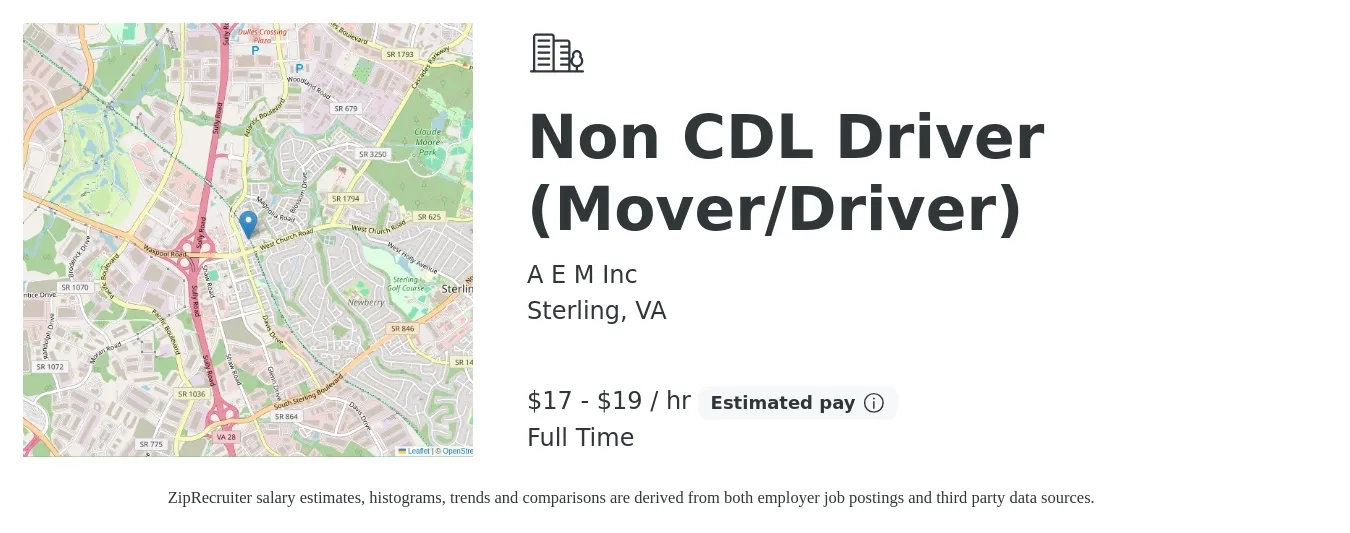 A E M Inc job posting for a Non CDL Driver (Mover/Driver) in Sterling, VA with a salary of $18 to $20 Hourly with a map of Sterling location.