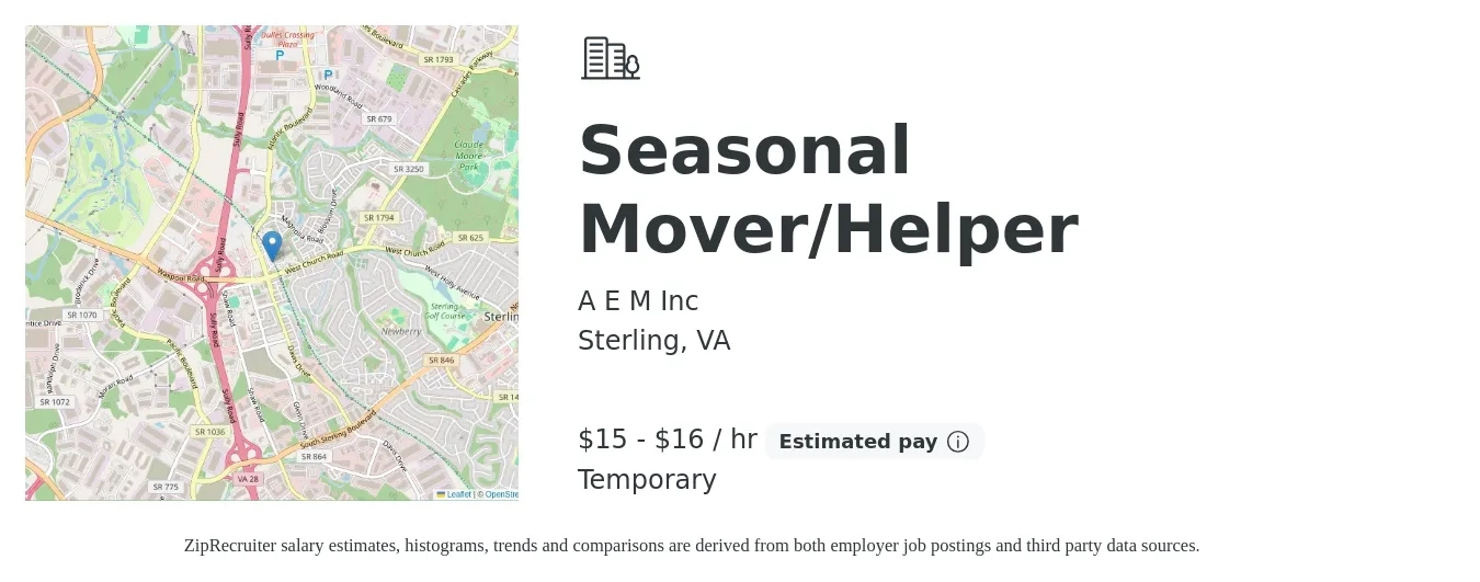 A E M Inc job posting for a Seasonal Mover/Helper in Sterling, VA with a salary of $16 to $17 Hourly with a map of Sterling location.