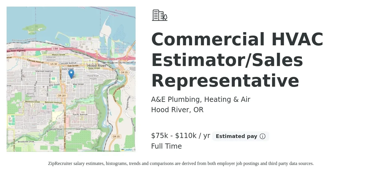 A&E Plumbing, Heating & Air job posting for a Commercial HVAC Estimator/Sales Representative in Hood River, OR with a salary of $75,000 to $110,000 Yearly with a map of Hood River location.