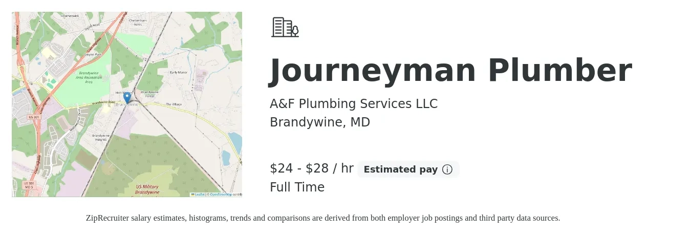 A&F Plumbing Services LLC job posting for a Journeyman Plumber in Brandywine, MD with a salary of $25 to $30 Hourly with a map of Brandywine location.