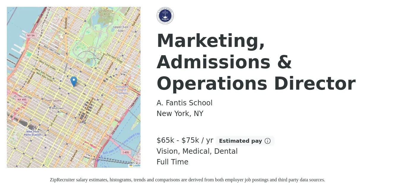 A. Fantis School job posting for a Marketing, Admissions & Operations Director in New York, NY with a salary of $65,000 to $75,000 Yearly and benefits including dental, medical, retirement, and vision with a map of New York location.