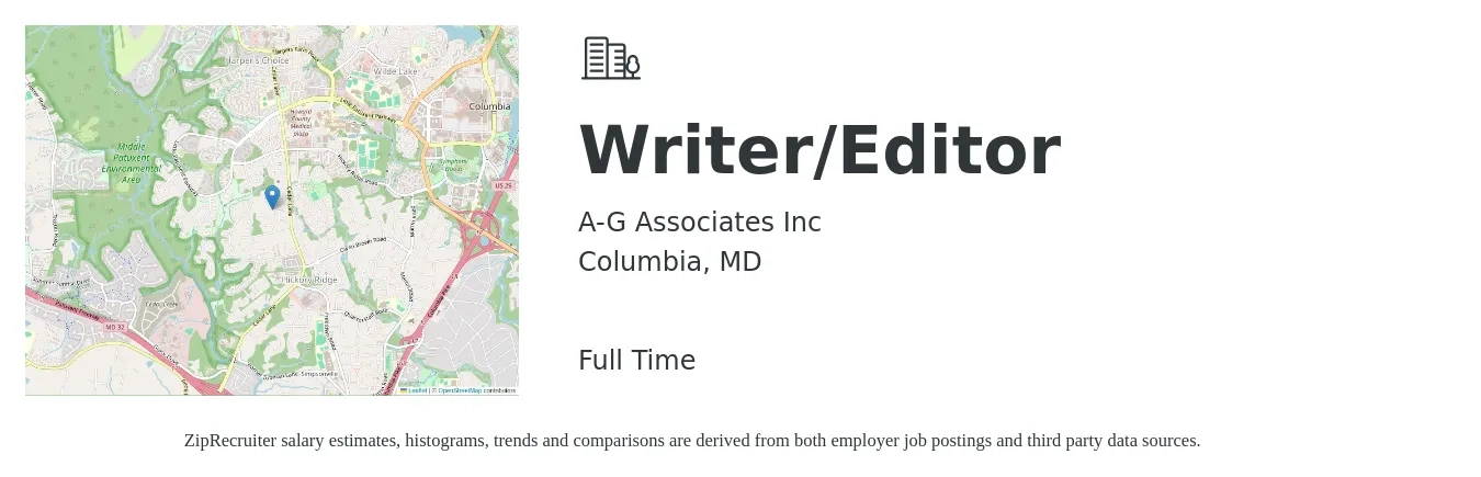 A-G Associates Inc job posting for a Writer/Editor in Columbia, MD with a salary of $63,300 to $98,800 Yearly with a map of Columbia location.