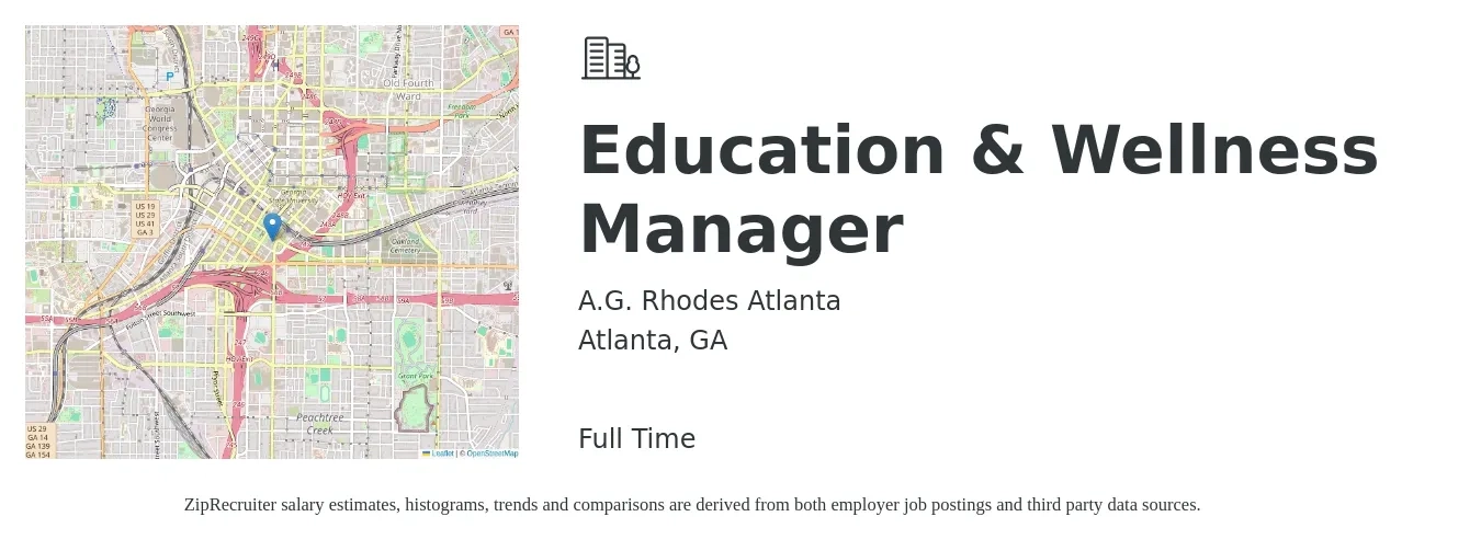 A.G. Rhodes Atlanta job posting for a Education & Wellness Manager in Atlanta, GA with a salary of $17 to $29 Hourly with a map of Atlanta location.