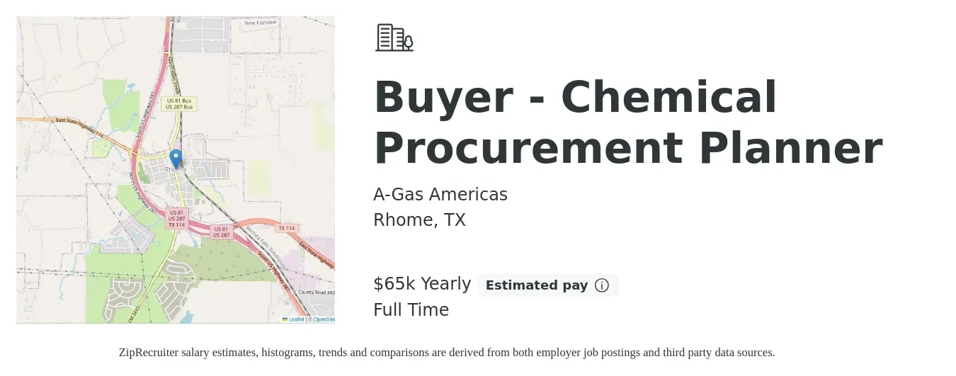 A-Gas Americas job posting for a Buyer - Chemical Procurement Planner in Rhome, TX with a salary of $65,000 Yearly with a map of Rhome location.