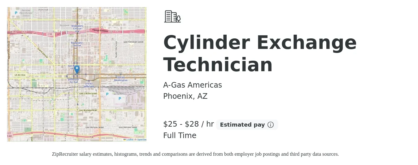 A-Gas Americas job posting for a Cylinder Exchange Technician in Phoenix, AZ with a salary of $27 to $30 Hourly with a map of Phoenix location.
