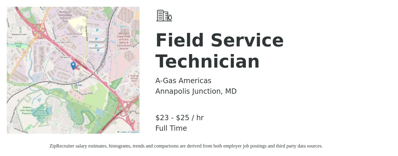 A-Gas Americas job posting for a Field Service Technician in Annapolis Junction, MD with a salary of $24 to $27 Hourly with a map of Annapolis Junction location.