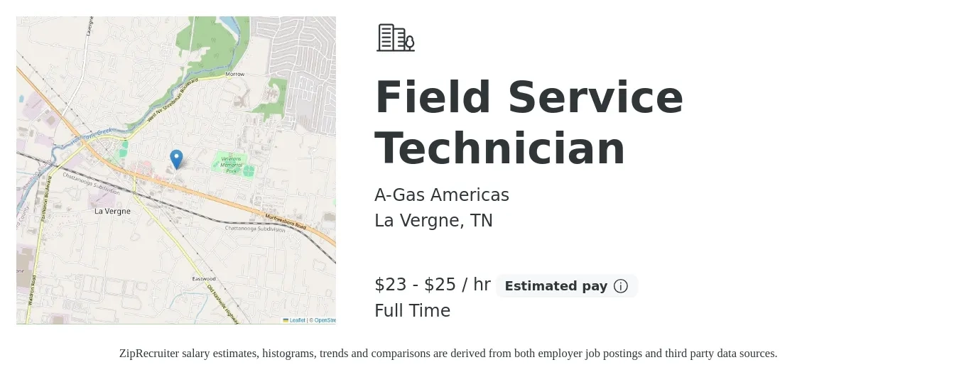 A-Gas Americas job posting for a Field Service Technician in La Vergne, TN with a salary of $24 to $27 Hourly with a map of La Vergne location.