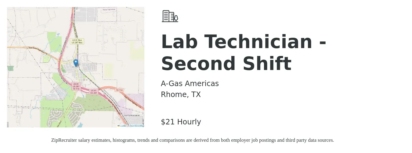 A-Gas Americas job posting for a Quality Control Lab Technician - 2nd Shift in Rhome, TX with a salary of $22 Hourly with a map of Rhome location.