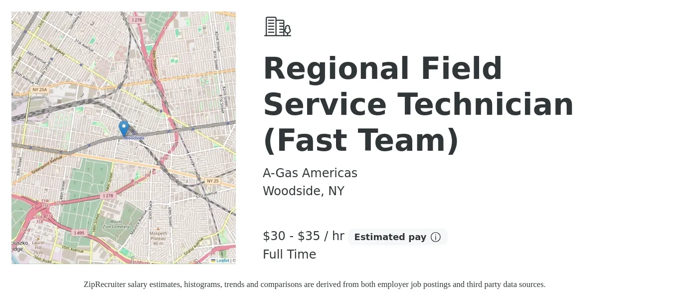 A-Gas Americas job posting for a Regional Field Service Technician (Fast Team) in Woodside, NY with a salary of $32 to $37 Hourly with a map of Woodside location.