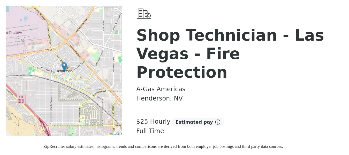 A-Gas Americas job posting for a Shop Technician - Las Vegas - Fire Protection in Henderson, NV with a salary of $26 Hourly with a map of Henderson location.