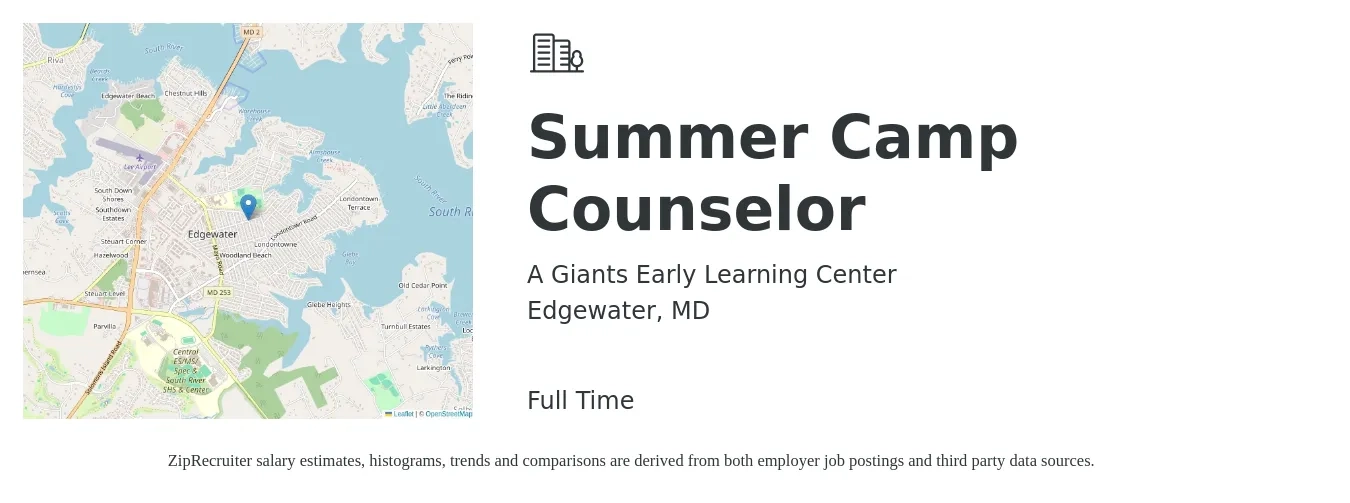 A Giants Early Learning Center job posting for a Summer Camp Counselor in Edgewater, MD with a salary of $14 to $18 Hourly with a map of Edgewater location.