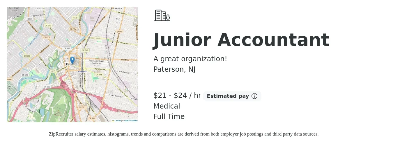 A great organization! job posting for a Junior Accountant in Paterson, NJ with a salary of $22 to $25 Hourly and benefits including medical, and pto with a map of Paterson location.
