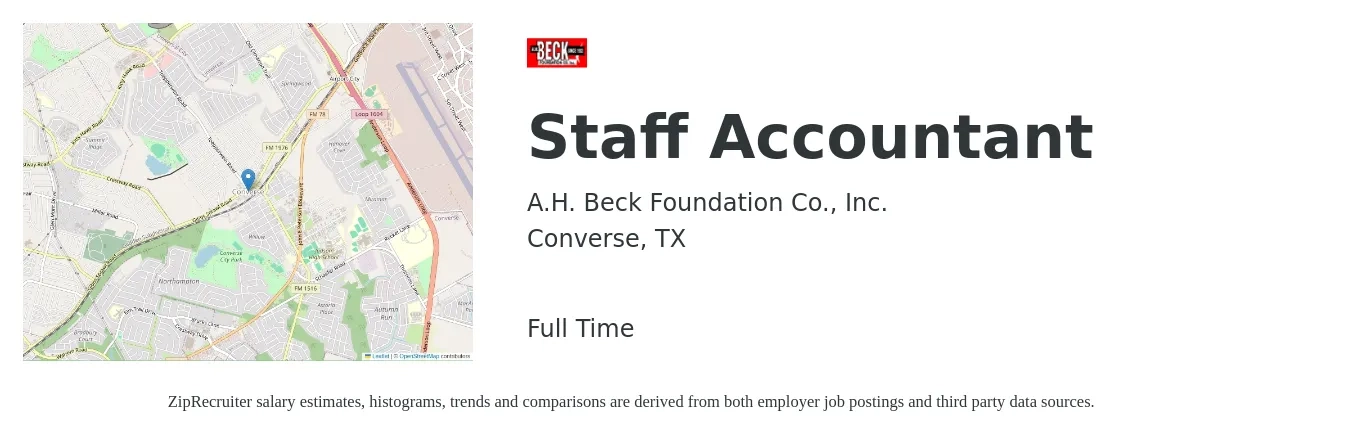 A.H. Beck Foundation Co., Inc. job posting for a Staff Accountant in Converse, TX with a salary of $49,900 to $65,800 Yearly with a map of Converse location.