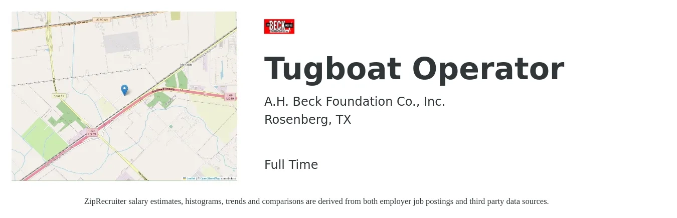 A.H. Beck Foundation Co., Inc. job posting for a Tugboat Operator in Rosenberg, TX with a salary of $25 to $32 Hourly with a map of Rosenberg location.