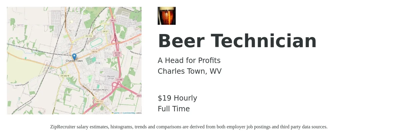 A Head for Profits job posting for a Beer Technician in Charles Town, WV with a salary of $20 Hourly with a map of Charles Town location.