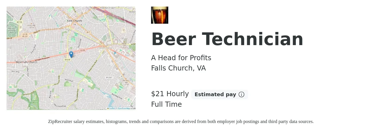 A Head for Profits job posting for a Beer Technician in Falls Church, VA with a salary of $18 to $20 Hourly with a map of Falls Church location.
