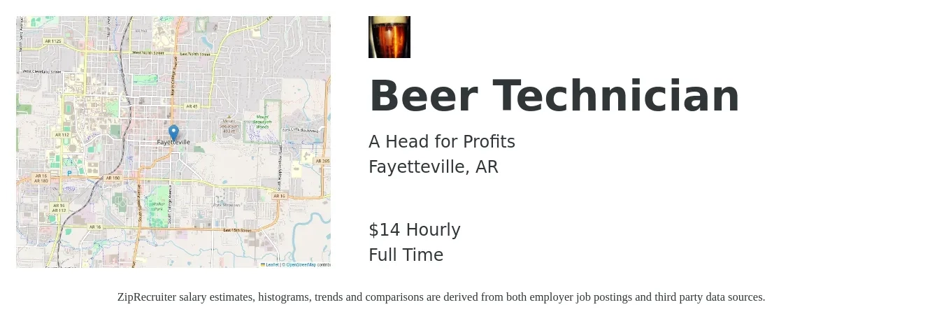 A Head for Profits job posting for a Beer Technician in Fayetteville, AR with a salary of $13 Hourly with a map of Fayetteville location.