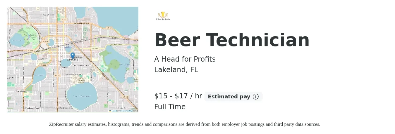 A Head for Profits job posting for a Beer Technician in Lakeland, FL with a salary of $18 Hourly with a map of Lakeland location.