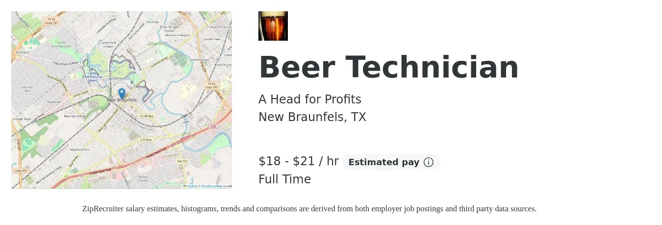 A Head for Profits job posting for a Beer Technician in New Braunfels, TX with a salary of $19 to $22 Hourly with a map of New Braunfels location.