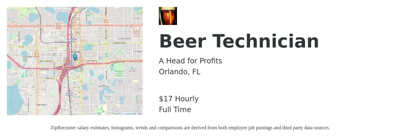 A Head for Profits job posting for a Beer Technician in Orlando, FL with a salary of $18 Hourly with a map of Orlando location.
