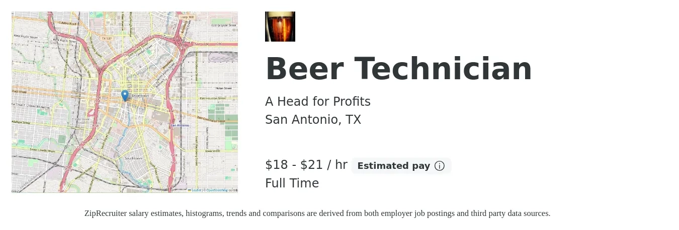 A Head for Profits job posting for a Beer Technician in San Antonio, TX with a salary of $19 to $22 Hourly with a map of San Antonio location.