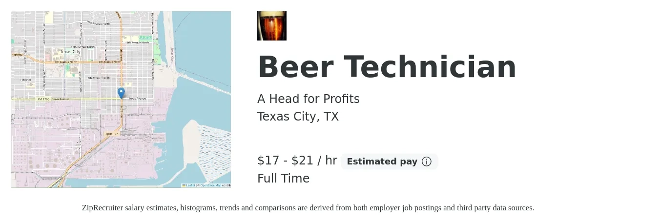 A Head for Profits job posting for a Beer Technician in Texas City, TX with a salary of $19 to $22 Hourly with a map of Texas City location.