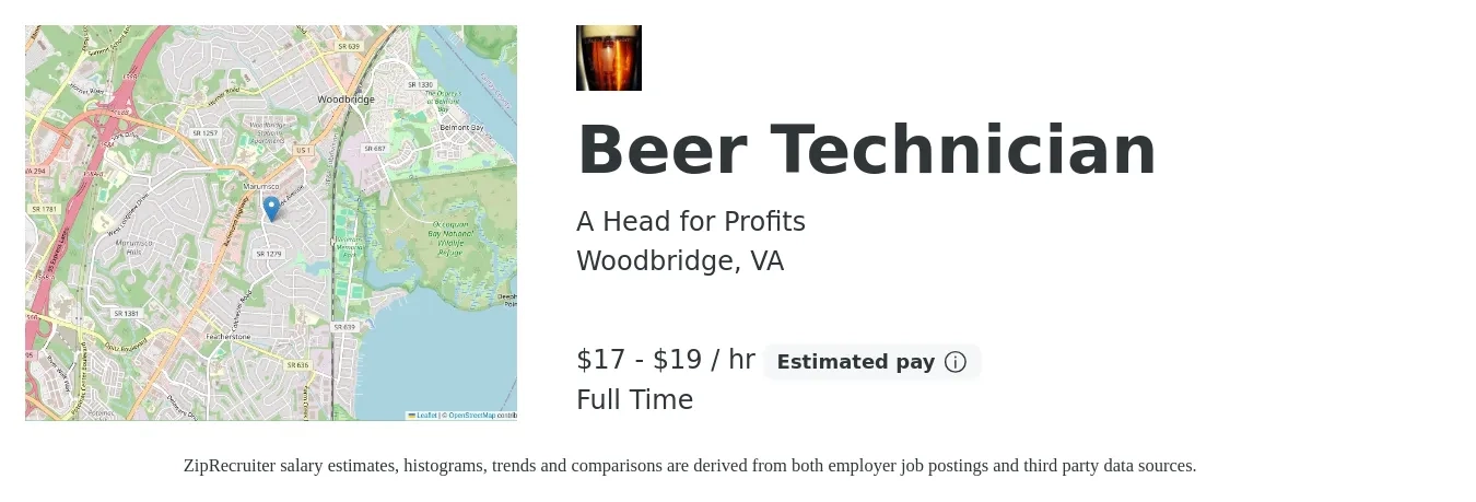A Head for Profits job posting for a Beer Technician in Woodbridge, VA with a salary of $18 to $20 Hourly with a map of Woodbridge location.