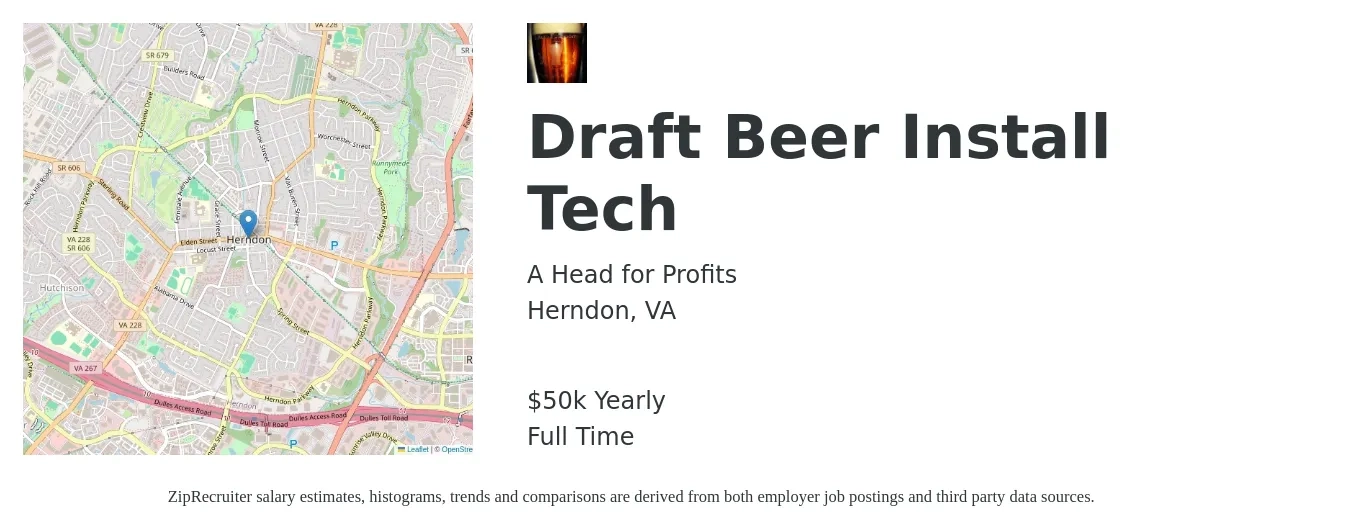 A Head for Profits job posting for a Draft Beer Install Tech in Herndon, VA with a salary of $50,000 Yearly with a map of Herndon location.