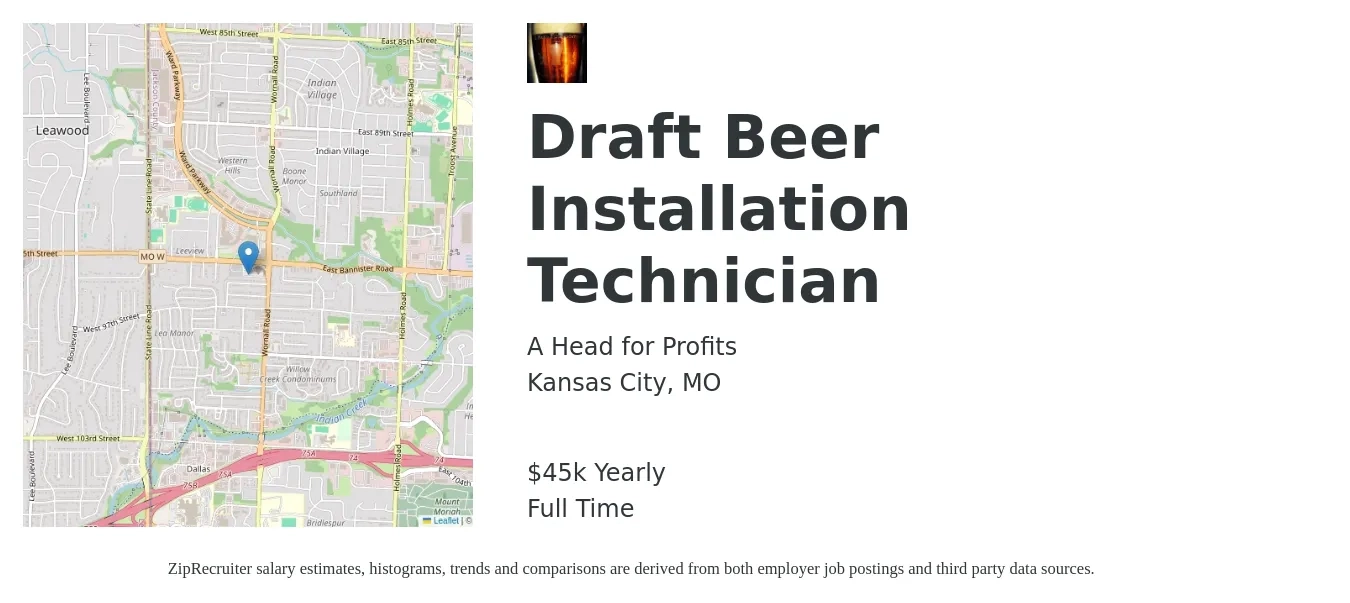 A Head for Profits job posting for a Draft Beer Installation Technician in Kansas City, MO with a salary of $45,000 to $50,000 Yearly with a map of Kansas City location.