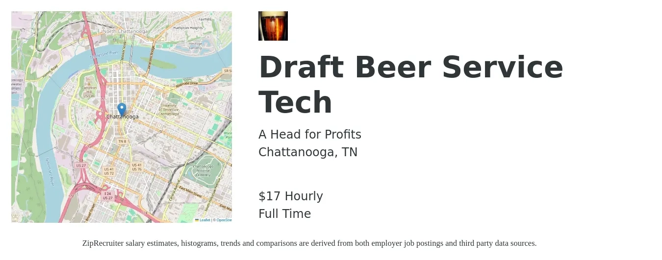 A Head for Profits job posting for a Draft Beer Service Tech in Chattanooga, TN with a salary of $18 Hourly with a map of Chattanooga location.