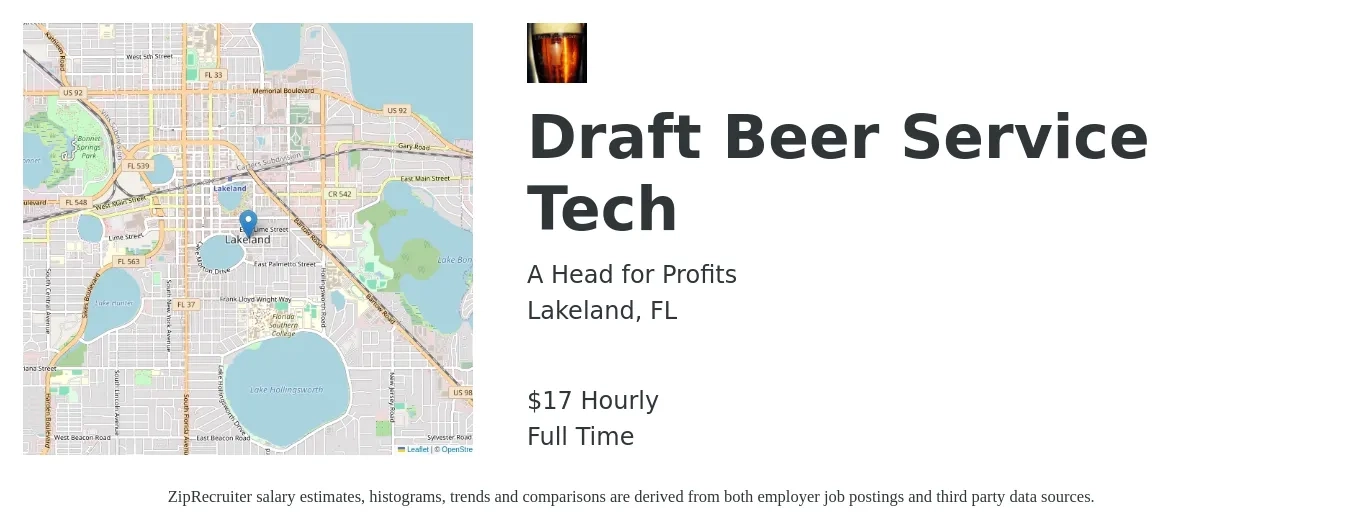 A Head for Profits job posting for a Draft Beer Service Tech in Lakeland, FL with a salary of $18 Hourly with a map of Lakeland location.